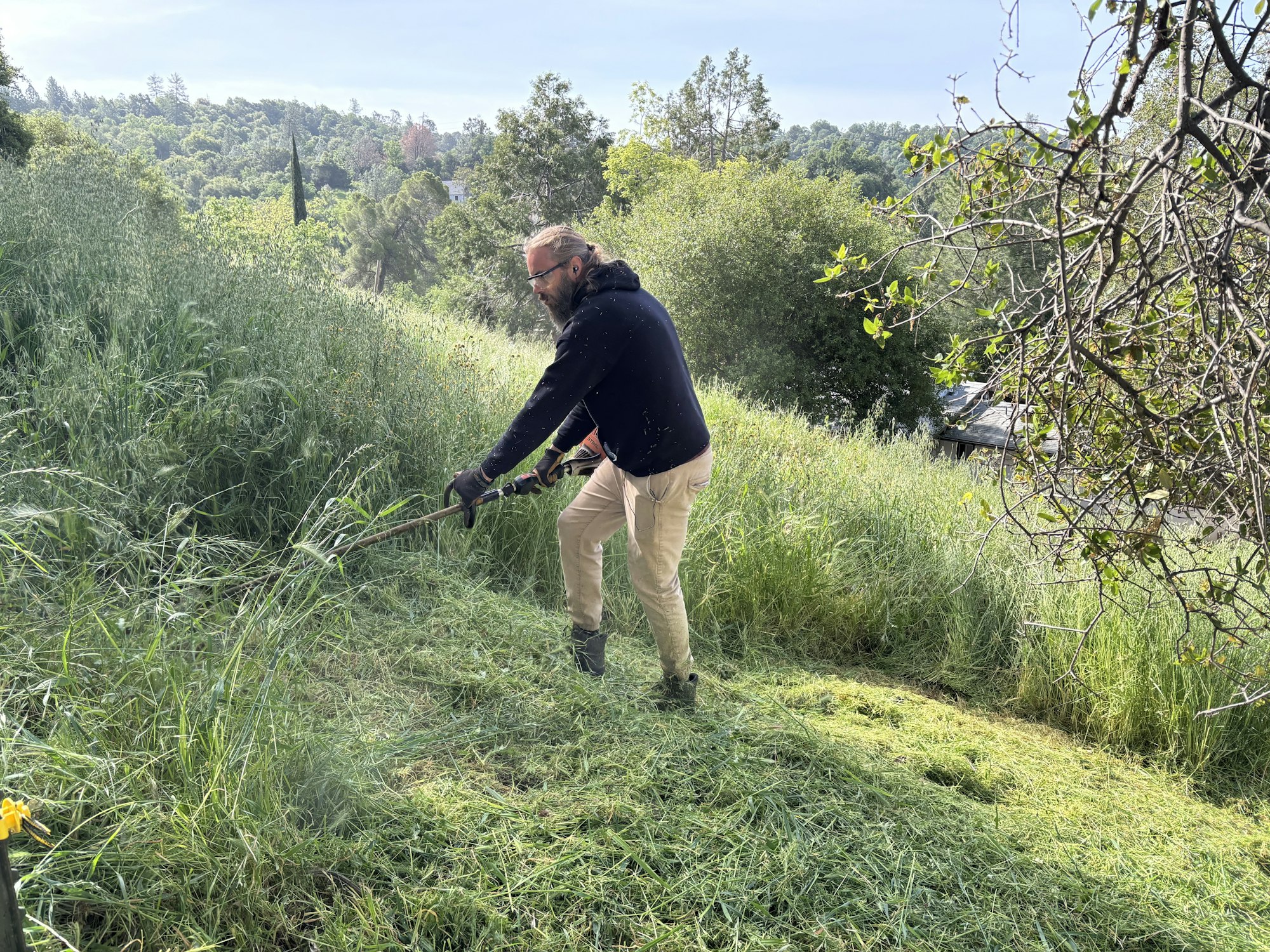 A person is trimming tall grass with a string trimmer in a lush, green outdoor area.