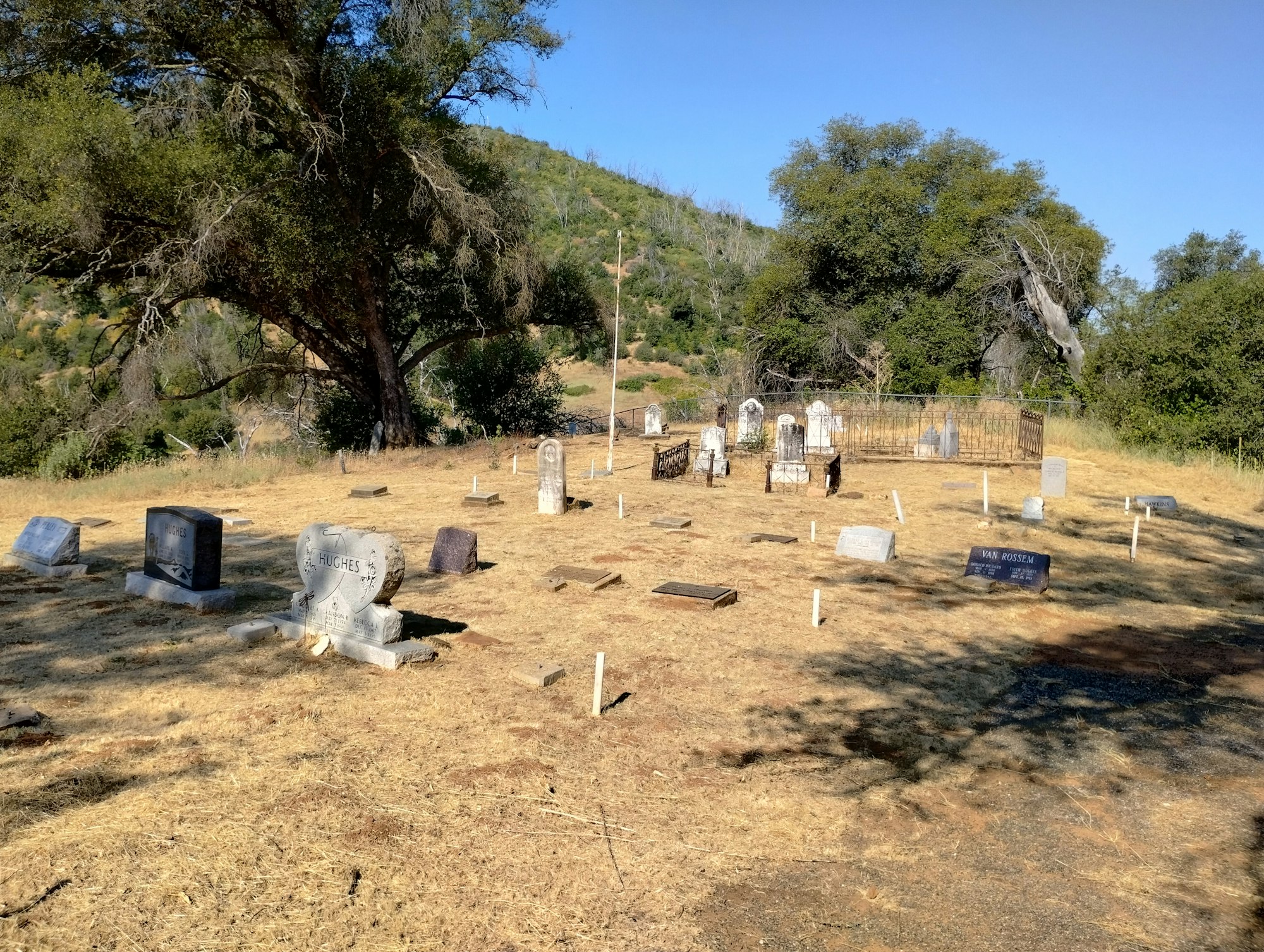 A small cemetery with various tombstones on a grassy landscape under trees and a clear sky.