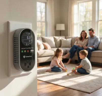 The image shows a gas and CO detector on a wall, with a family playing on a rug in a cozy living room.