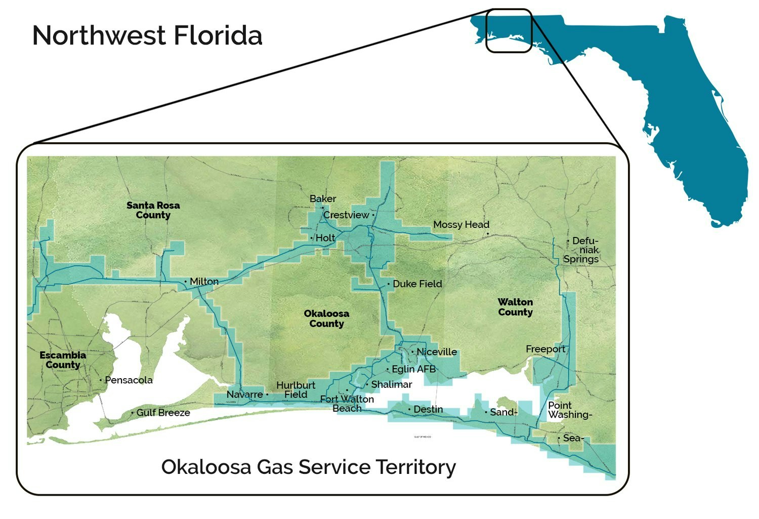 Map of Okaloosa Gas Service Territory in Northwest Florida, showing coverage in several counties and cities.