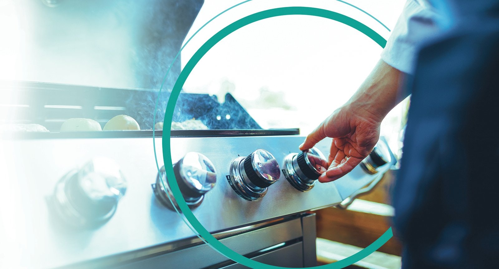 A person adjusting knobs on a grill, with food cooking and a blue circle overlay.