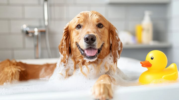 A golden retriever enjoys a bubble bath, smiling at the camera with a yellow rubber duck beside it.