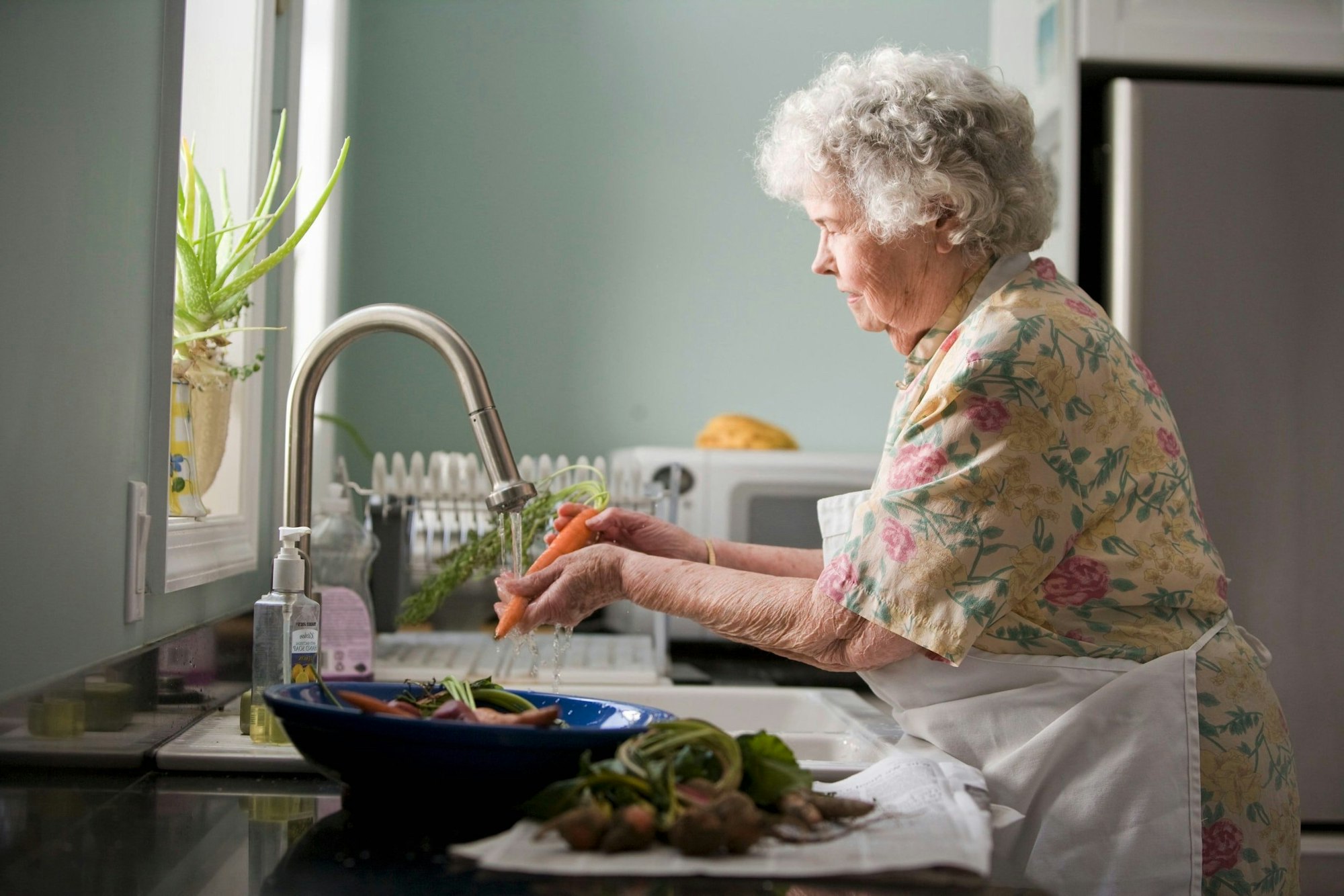 Elderly woman washing vegetables in a kitchen with aloe plant by the window.