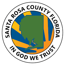 Seal of Santa Rosa County, Florida with a map outline and the phrase "In God We Trust."