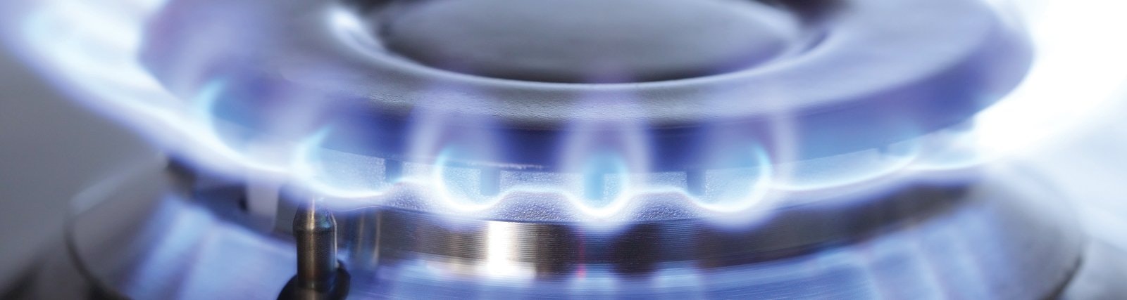 A close-up of a lit gas stove burner with blue flames.