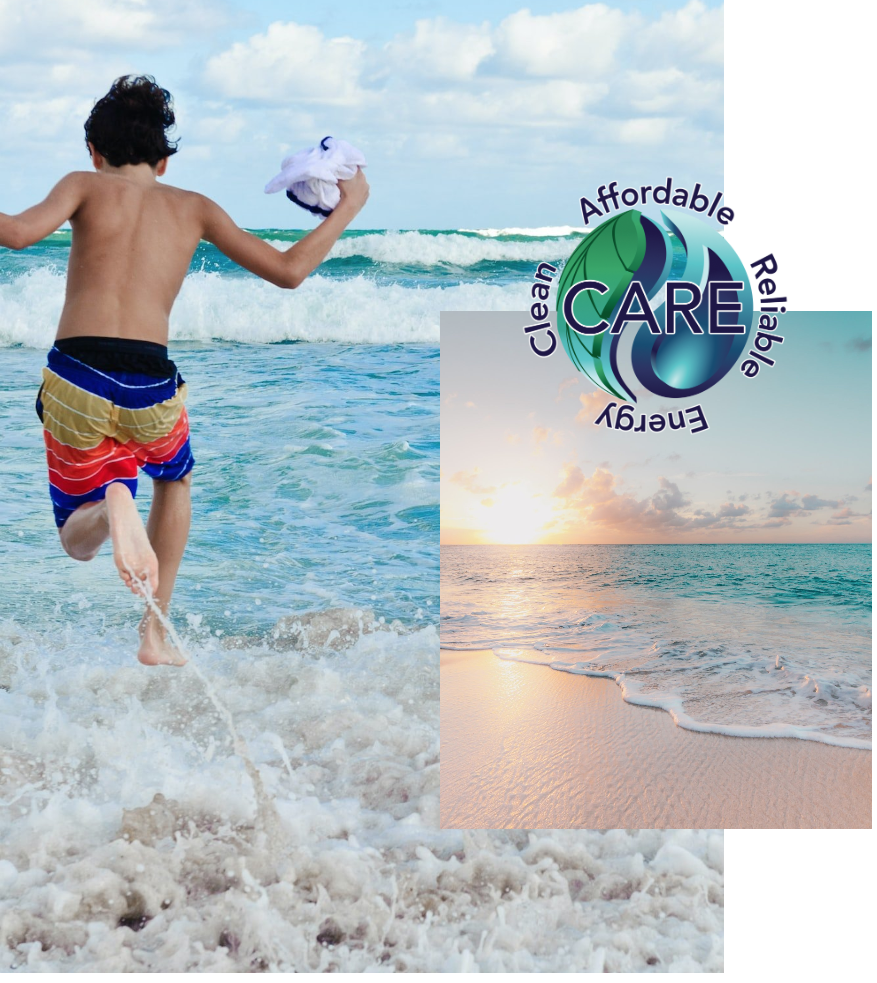 A person running in the ocean, colorful sunset on a beach, and "CARE: Clean Affordable Reliable Energy" logo.