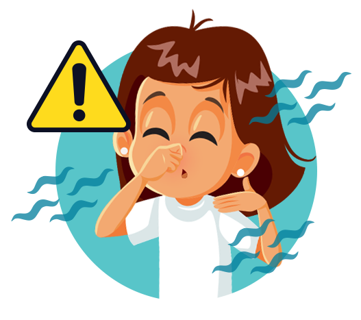 A cartoon girl pinching her nose, with a warning sign and wavy lines indicating a bad smell.