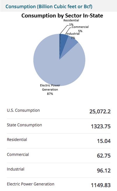 Pie chart shows in-state consumption by sector: 87% Electric, 7% Industrial, 5% Commercial, 1% Residential. Total state use is 1323.75 Bcf.
