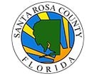 Seal of Santa Rosa County, Florida featuring a map outline, sun rays, and blue background.