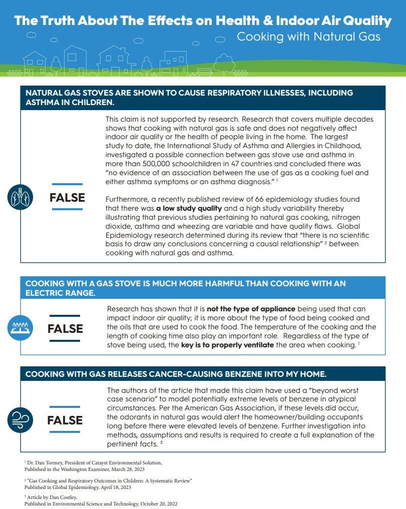 Debunking claims about natural gas stoves and health effects, stating they are safe with no proven links to asthma or benzene issues.