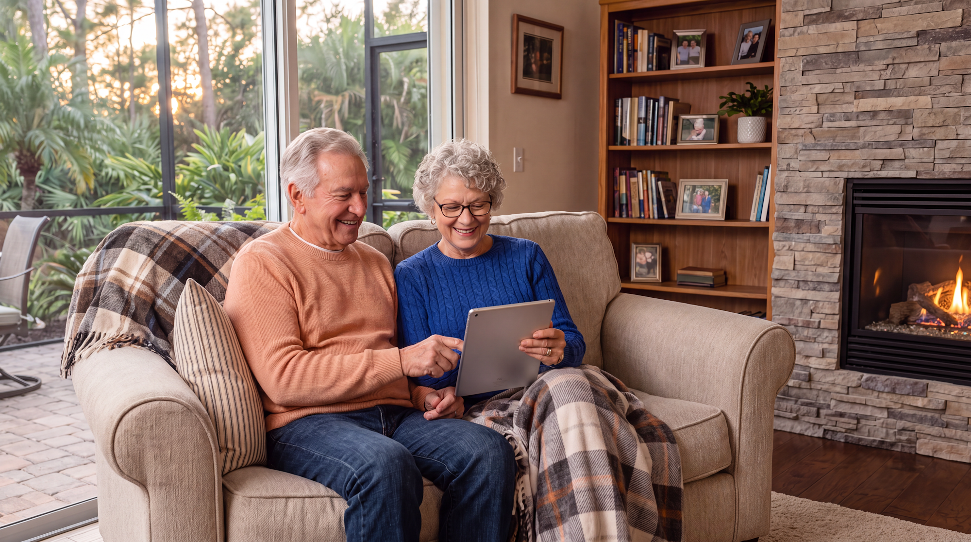 An older couple sits together on a couch, happily using a tablet while cozy by a fire, surrounded by books and a green view.