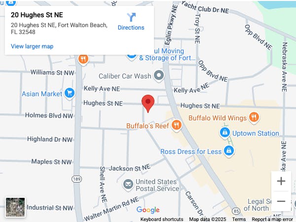 Map showing 20 Hughes St NE, Fort Walton Beach, FL, with nearby businesses like Buffalo's Reef and a USPS office.