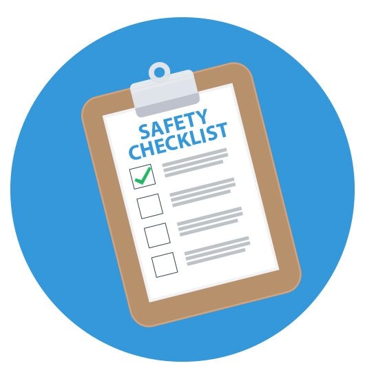 A clipboard with a "Safety Checklist," one item checked, on a blue circle background.