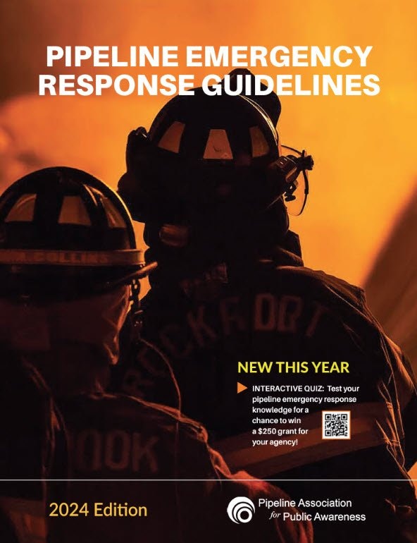 Firefighters in action, cover of "Pipeline Emergency Response Guidelines," 2024 edition, by Pipeline Association for Public Awareness.