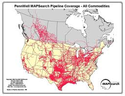 Map showing pipeline coverage across the United States and parts of Canada, highlighting extensive networks in red.