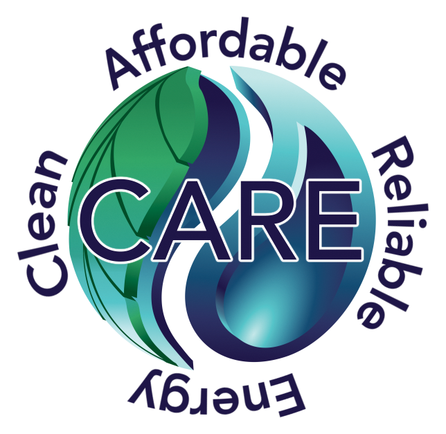 Logo with a leaf, water droplet, and "CARE" in center, surrounded by "Affordable", "Reliable", "Energy", "Clean".