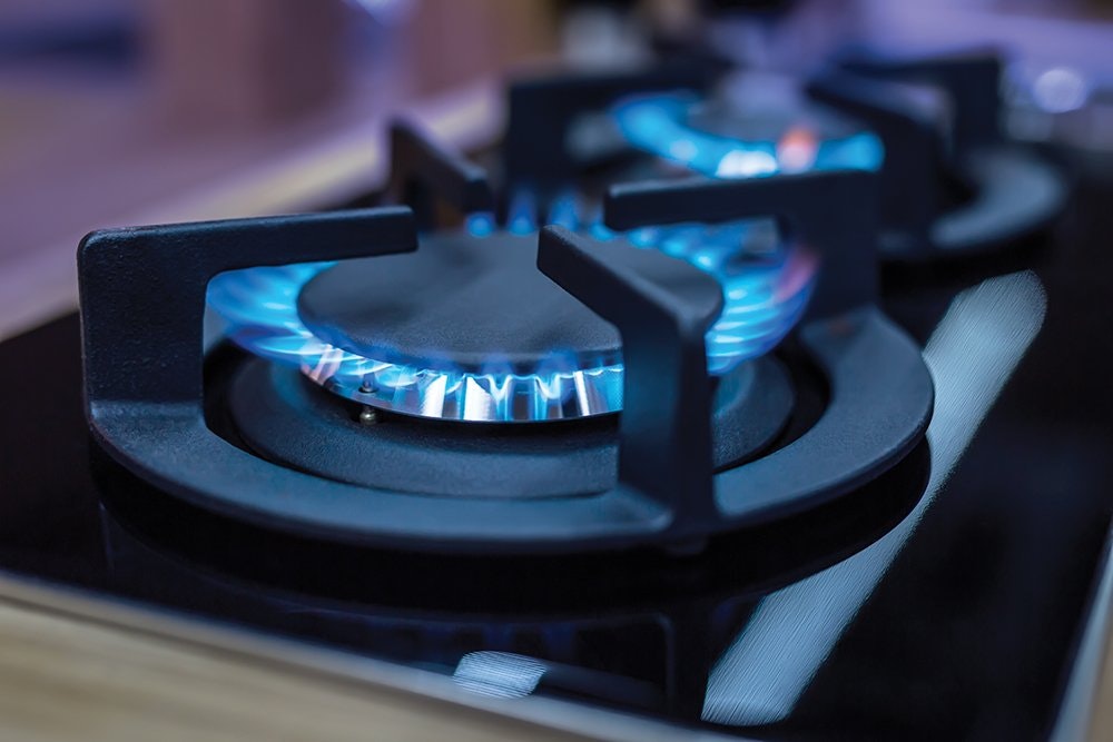 A lit gas stove burner with blue flames.