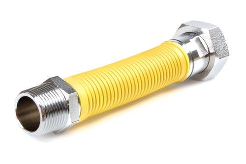 A flexible yellow gas hose with metal fittings on both ends.