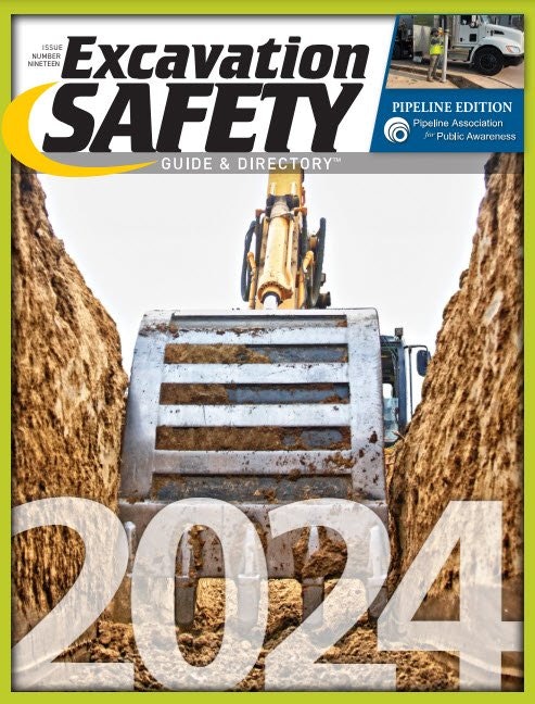 An excavator in a trench, featured on the 2024 Excavation Safety Guide & Directory cover, pipeline edition.