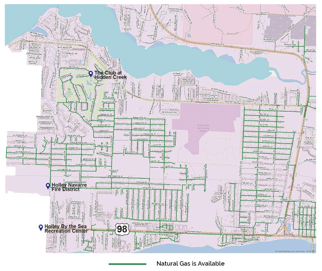 Map showing Holley by the Sea with roads, natural gas lines (in green), and key locations marked, like a fire district and recreation center.