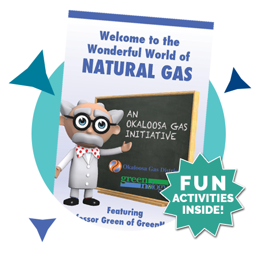 Cartoon professor promoting "Wonderful World of Natural Gas" with fun activities inside. Okaloosa Gas Initiative featured.