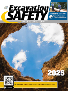 Cover of "Excavation Safety" guide, 2025 edition, with a view from inside a hole looking up at the sky.