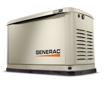 A Generac standby generator with a beige casing and ventilation slats.