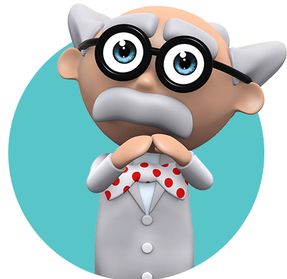 Animated character with glasses, gray hair, and a polka-dot bow tie, looking surprised.