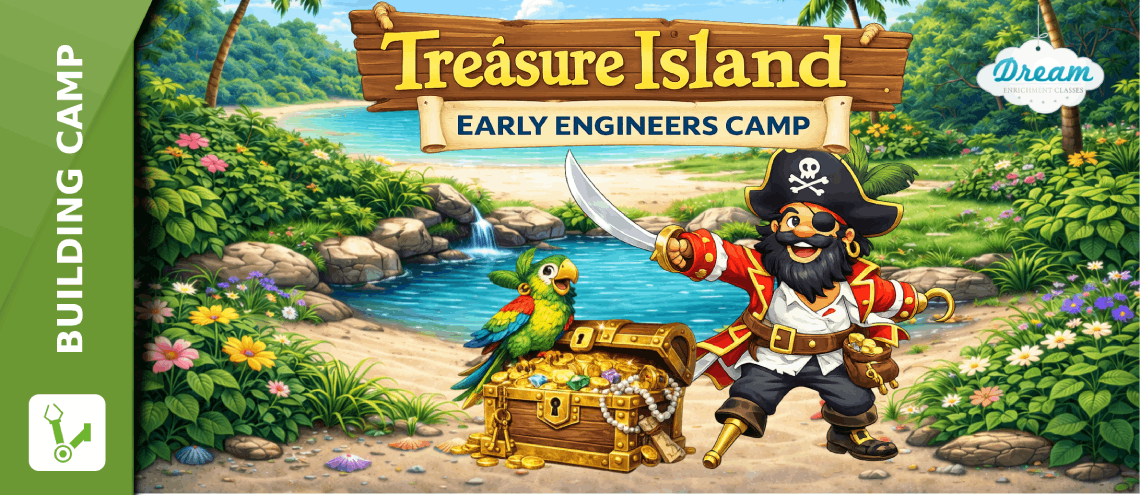 A colorful scene featuring a pirate with a sword, a parrot, and a treasure chest by a serene waterway, promoting an engineering camp.