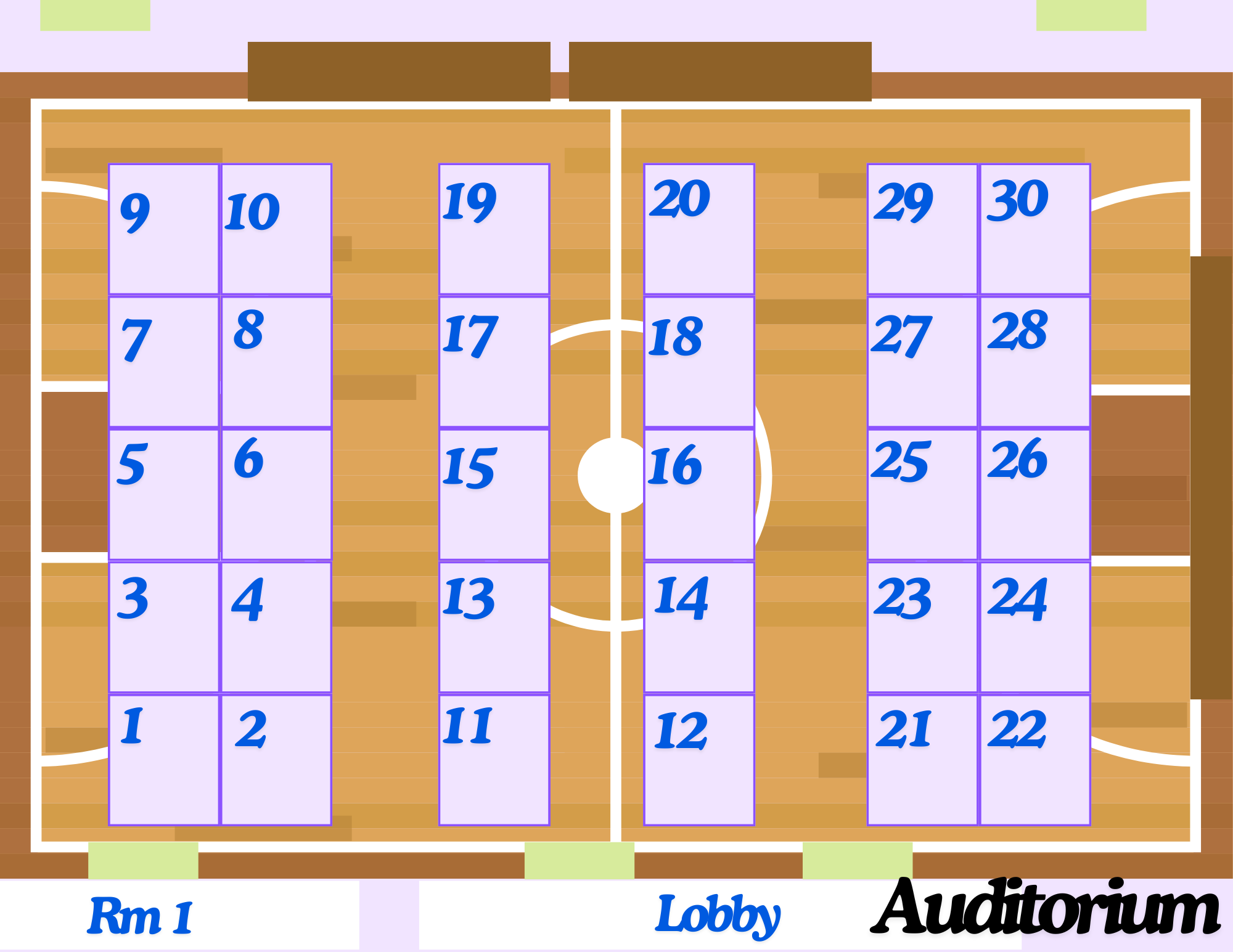 A colorful floor plan with labeled rooms and numbered spaces, possibly for an event or seating arrangement.