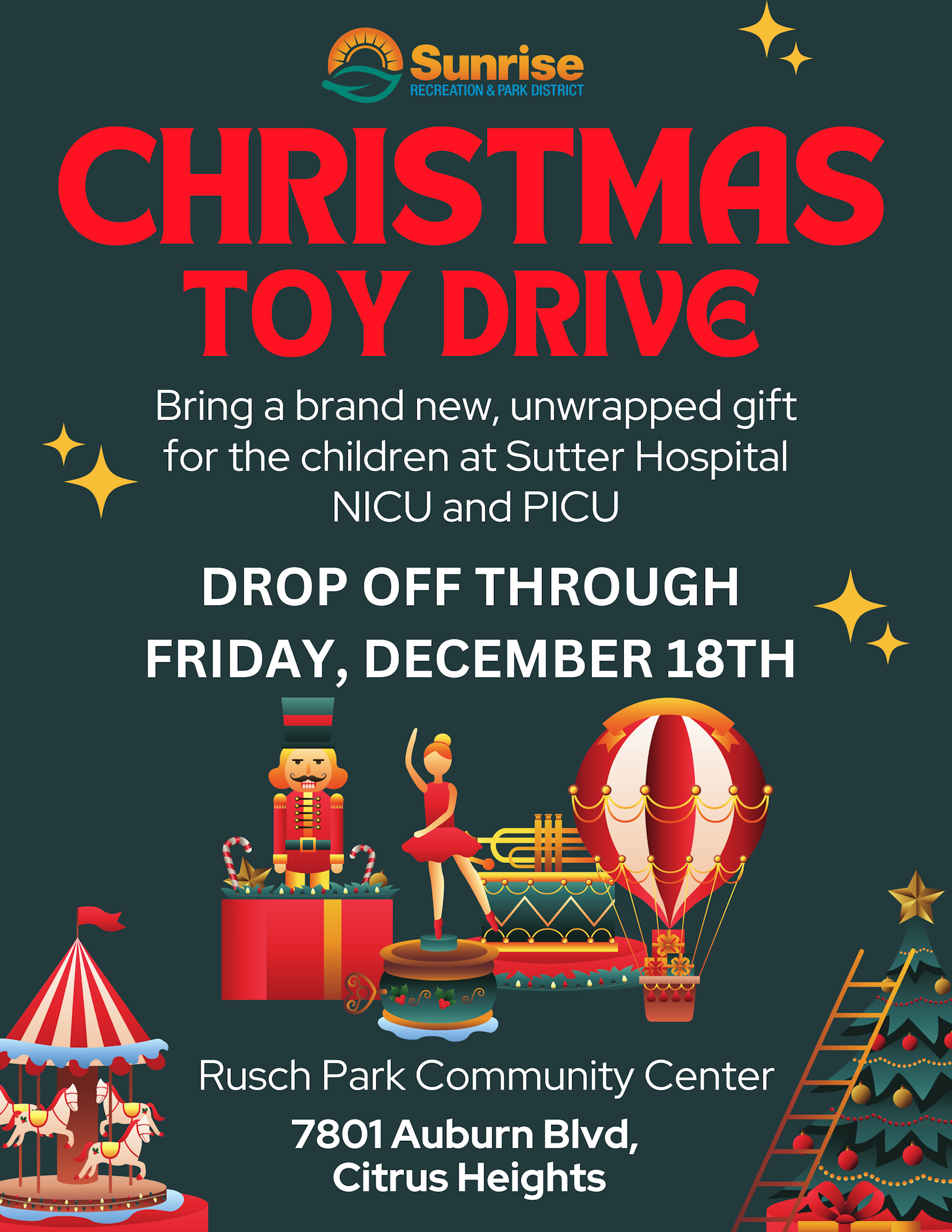 Join the Christmas Toy Drive! Bring new, unwrapped gifts for Sutter Hospital kids. Drop off by Dec 18 at Rusch Park Community Center.