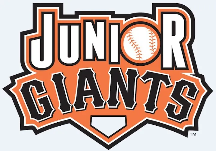 The image shows a logo for "Junior Giants," featuring bold text and a baseball graphic, predominantly in orange and black.