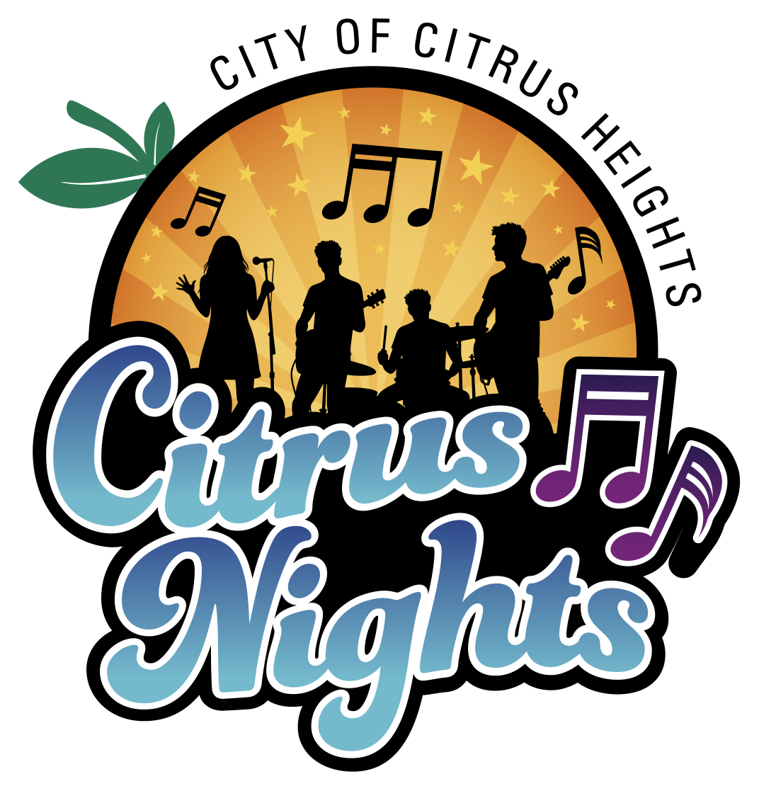 A vibrant logo for "Citrus Nights," featuring musical notes and silhouettes of performers against a colorful backdrop.