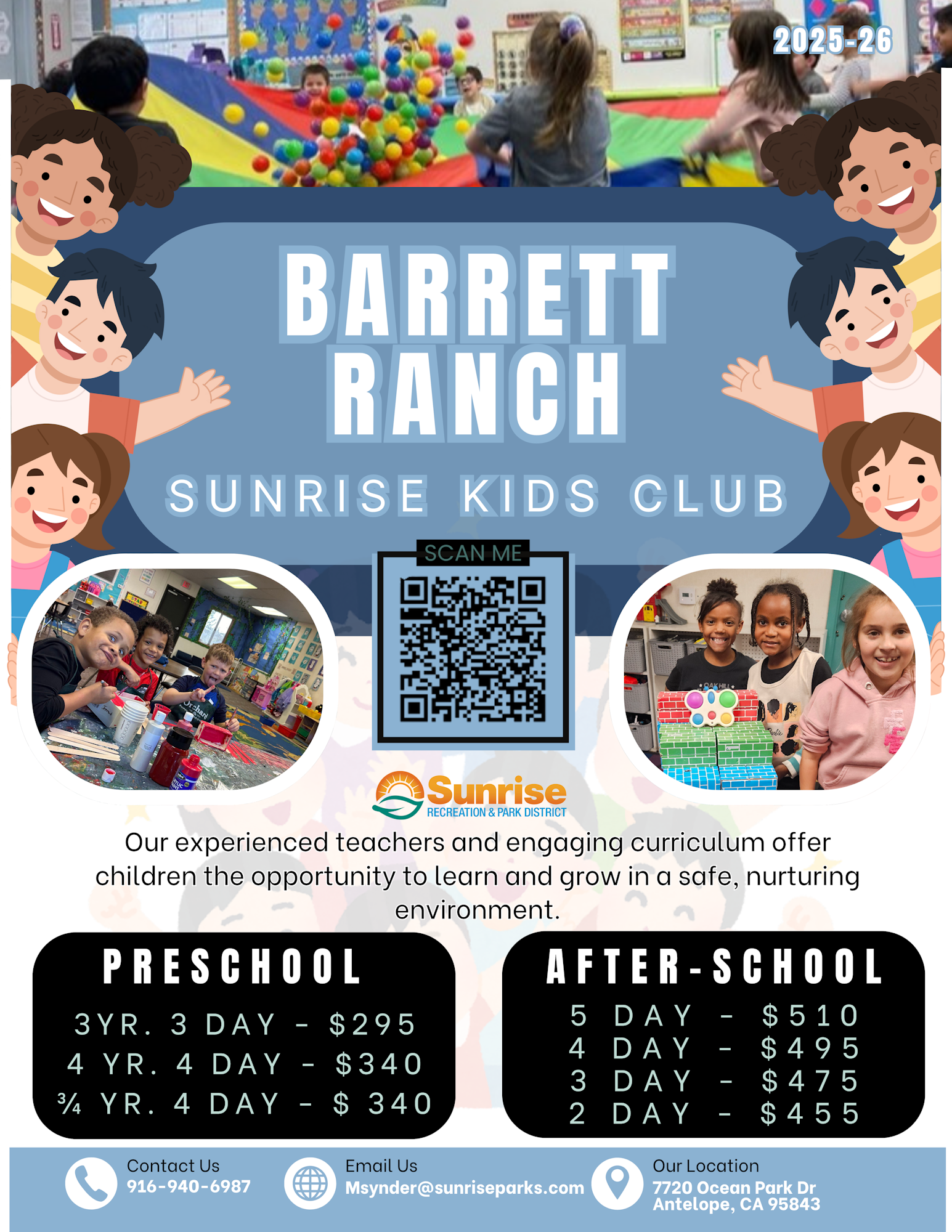 Barrett Ranch Sunrise Kids Club offers preschool and after-school programs with prices. Includes contact info and colorful images.