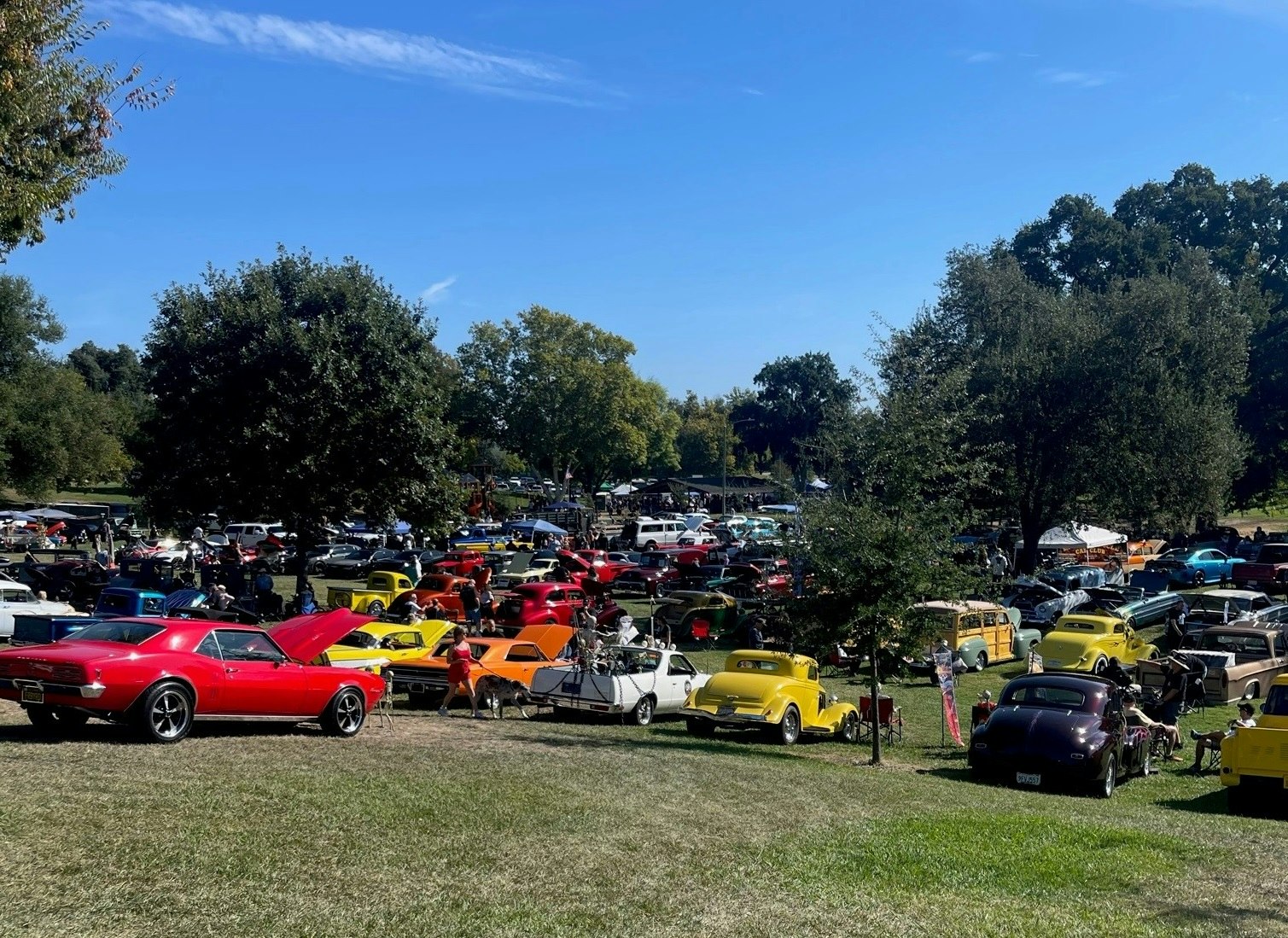 Outdoor classic car show on a sunny day with colorful vintage cars and spectators.