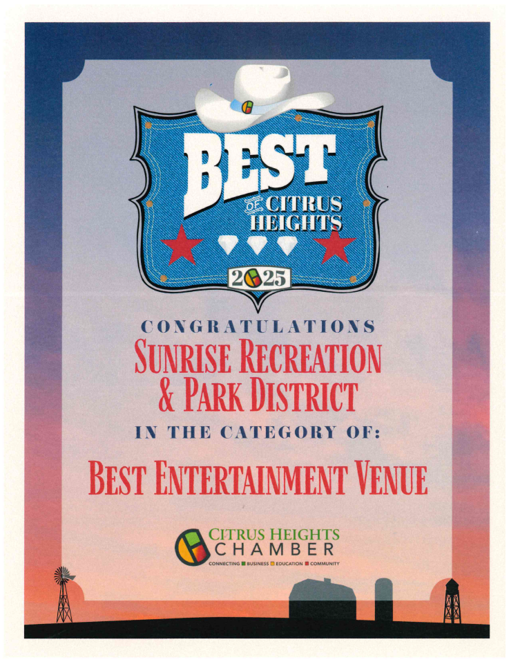 "Best of Citrus Heights 2025" award for Best Entertainment Venue goes to Sunrise Recreation & Park District.