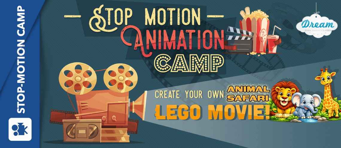 Promotional graphic for a Stop Motion Animation Camp, featuring LEGO movies with an animal safari theme.