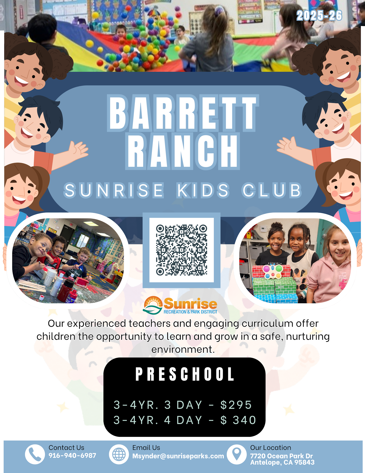 Flyer for Barrett Ranch Sunrise Kids Club preschool with kids playing, QR code, contact details, and pricing for 3-4 year olds.