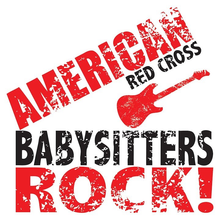 The image features bold text saying "American Red Cross" and "Babysitters Rock!" with a red guitar graphic.