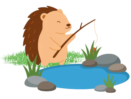 A cute, cartoonish hedgehog is fishing by a small pond, surrounded by grass and rocks.