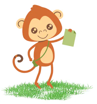 A cute animated monkey holds a green note, standing on grass with a cheerful expression.