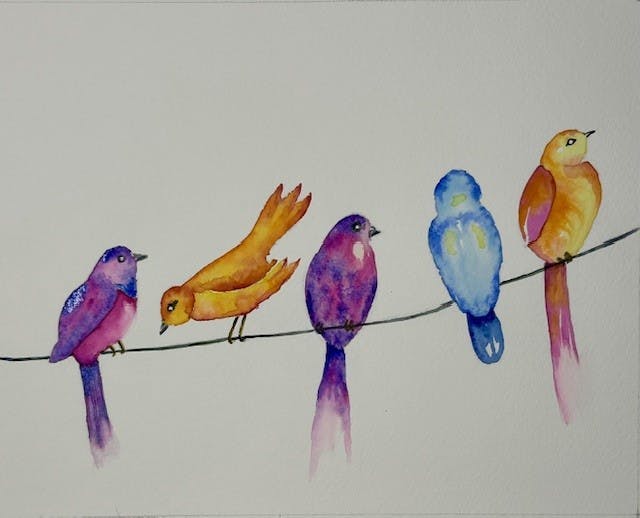A watercolor painting featuring six colorful birds perched on a wire, showcasing various hues and styles.