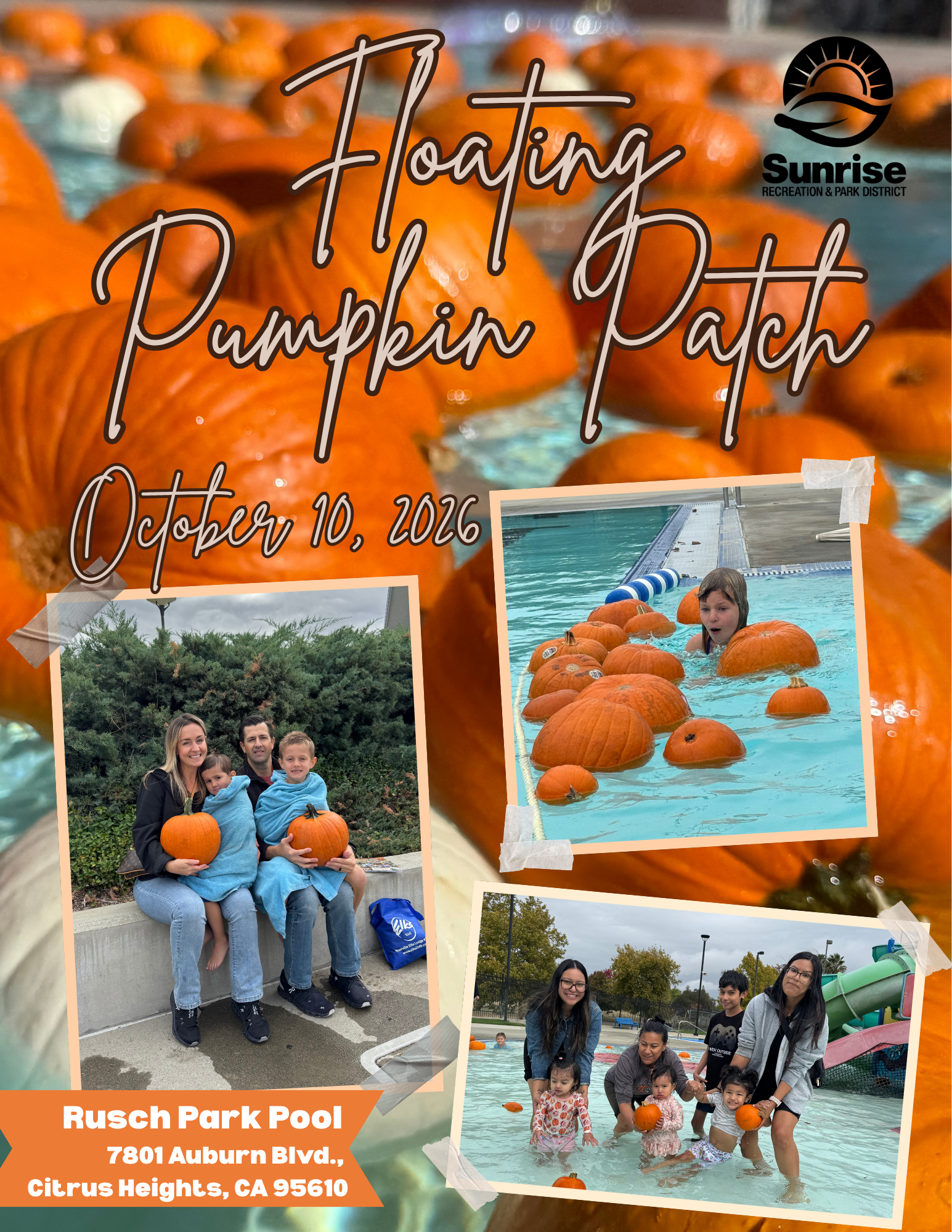 Event poster for a "Floating Pumpkin Patch" on October 10, 2026, at Rusch Park Pool in Citrus Heights, CA, featuring pumpkins and families.