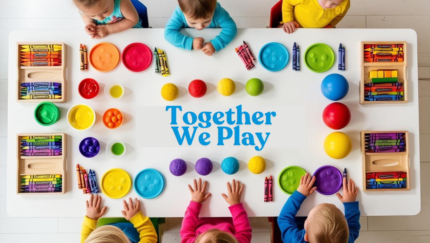 Four children around a table with crayons, colorful balls, and plates. Text reads "Together We Play."