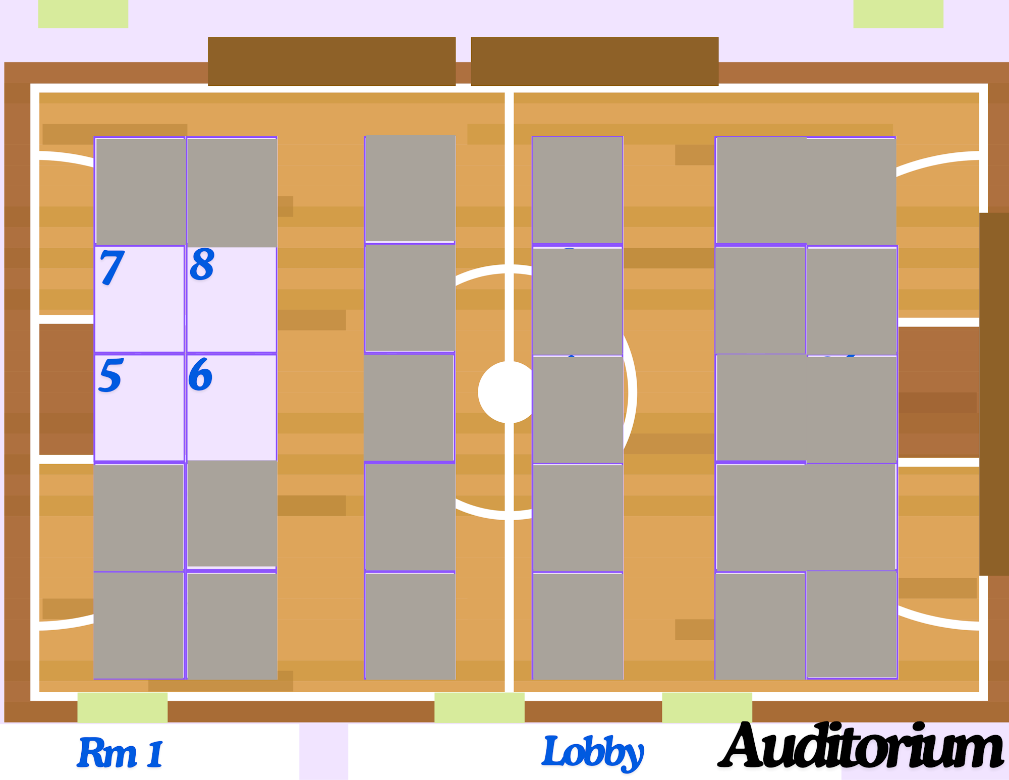 The image shows a layout of an auditorium with labeled rooms (Rm 1, Lobby) and numbered sections (5-8).