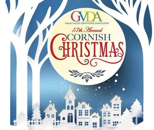 GVDA 57th Annual Cornish Christmas poster with snowy village and trees.