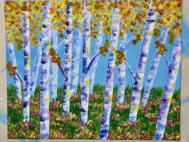 A vibrant painting of birch trees with colorful leaves and a grassy forest floor under a blue sky.