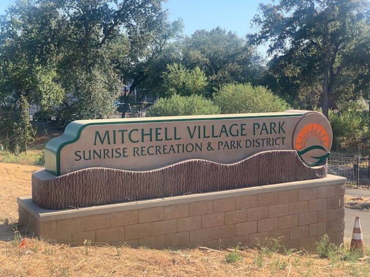 Park Sign stating Mitchell Village Sunrise Recreation and Park District