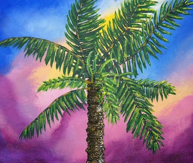 A painting of a palm tree with a colorful sunset background.