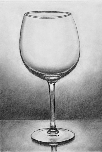 A pencil drawing of an empty wine glass on a reflective surface.